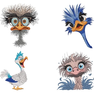 4 Ostrich Bird Embroidery Design, Crazy Ostrich Machine Embroidery Design, Funny Ostrich Embroidery Design For Men, Women, Girls