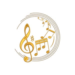 May include: A gold-colored musical design featuring a treble clef, musical notes, and a sharp symbol, all within a circular frame. The design is set against a white background, creating a clean and elegant aesthetic. The musical elements are rendered in a detailed, three-dimensional style.