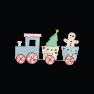 May include: A light blue toy train with red and white candy cane wheels. The train cars carry a green Christmas tree, a gingerbread man, and are decorated with colourful lights, all against a black background.