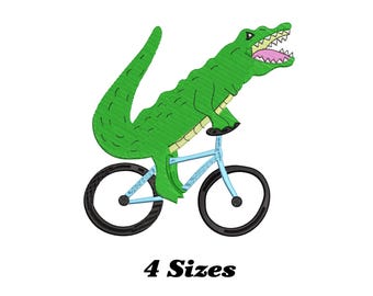 Alligator Riding Bicycle Embroidery Design, Alligator Machine Embroidery Design, Alligator Embroidery Design For Men, Women, Girls