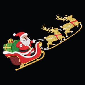 May include: Embroidered image of Santa Claus in a red suit and hat, riding a red sleigh pulled by two golden reindeer. Santa is holding the reins, and the sleigh is filled with a green gift bag. The image is set against a black background.