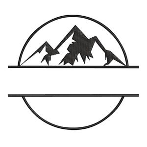 May include: Black mountain range design within a circle, with a horizontal line above and below the mountain graphic. The design is suitable for embroidery, decals, or other crafts. The design is on a white background.