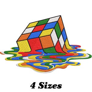May include: A colorful, multi-colored, melting Rubik's Cube with a swirling, abstract pattern. The cube is melting into a pool of colorful liquid.