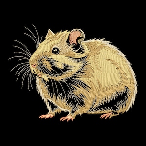 May include: Embroidered image of a hamster in shades of gold and black. The hamster is depicted in profile, with detailed stitching defining its fur, whiskers, and small pink paws. The background is solid black, highlighting the animal.