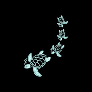 May include: A black background featuring five light blue sea turtle illustrations. The turtles are swimming upwards diagonally, with bubbles trailing some. The turtles have detailed shell patterns.