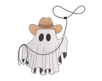 Disegno da ricamo di Halloween con fantasma cowboy, disegno da ricamo a macchina con fantasma cowboy di Halloween, 4 misure, download immediato