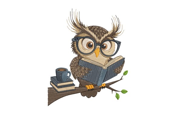 Cute Owl Reading Book Embroidery Design, Owl Machine Embroidery Design, Owl Embroidery Design For Men, Women, Girls