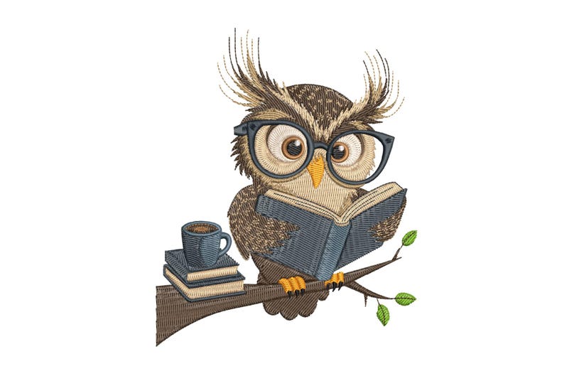 May include: An embroidered image of a brown owl wearing glasses, perched on a branch, reading a book. A stack of books and a blue mug of coffee sit nearby. The owl has detailed feathering and is set against a white background.