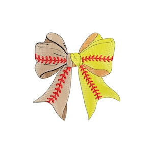 May include: Embroidered bow in a baseball and softball theme. The bow features a tan and yellow design with red stitching, resembling the seams of a baseball and softball. Perfect for sports-themed crafts and accessories.
