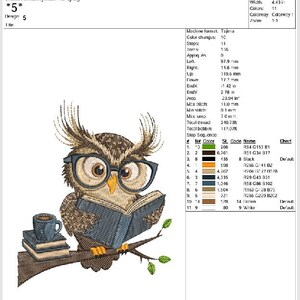 May include: An embroidered design featuring a wise owl wearing glasses, perched on a branch and reading a book. A stack of books and a coffee cup are next to the owl. The design is 5.41 inches high and 4.43 inches wide.