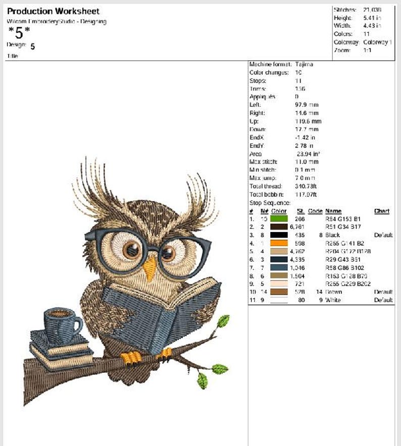 May include: An embroidered design featuring a wise owl wearing glasses, perched on a branch and reading a book. A stack of books and a coffee cup are next to the owl. The design is 5.41 inches high and 4.43 inches wide.