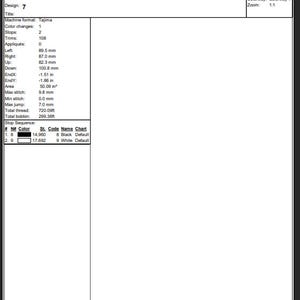 May include: Production worksheet with design details. The document includes design specifications such as stitches (32,654), height (7.21 inches), width (6.95 inches), and color information. It also lists machine format, color changes, stops, trims, and other technical details.