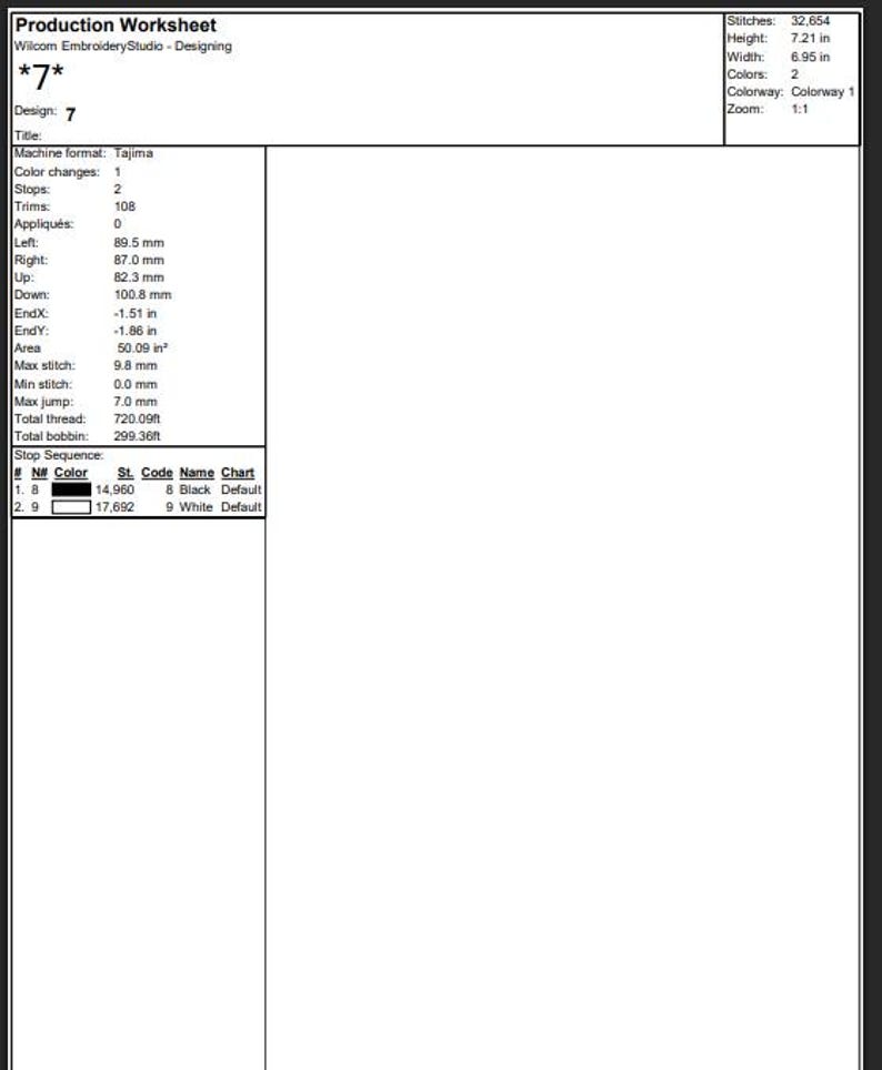 May include: Production worksheet with design details. The document includes design specifications such as stitches (32,654), height (7.21 inches), width (6.95 inches), and color information. It also lists machine format, color changes, stops, trims, and other technical details.
