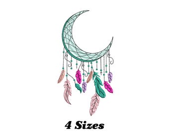 May include: A teal crescent moon dreamcatcher with pink, green, and white feathers hanging from it.  The dreamcatcher is decorated with beads.