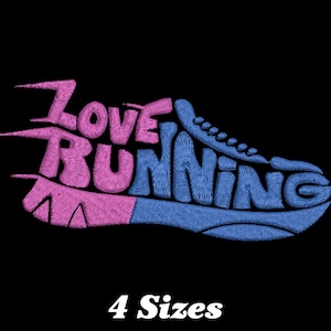 Op de afbeelding: Borduurwerk van een hardloopschoen met de woorden "Love Running" in roze en blauwe letters.