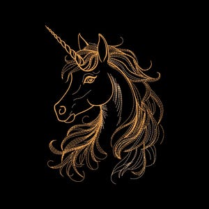 May include: A detailed illustration of a unicorn's head and flowing mane, rendered in gold against a black background. The unicorn's horn is spiraled, and the mane is intricately designed. The artwork is a stylized representation.