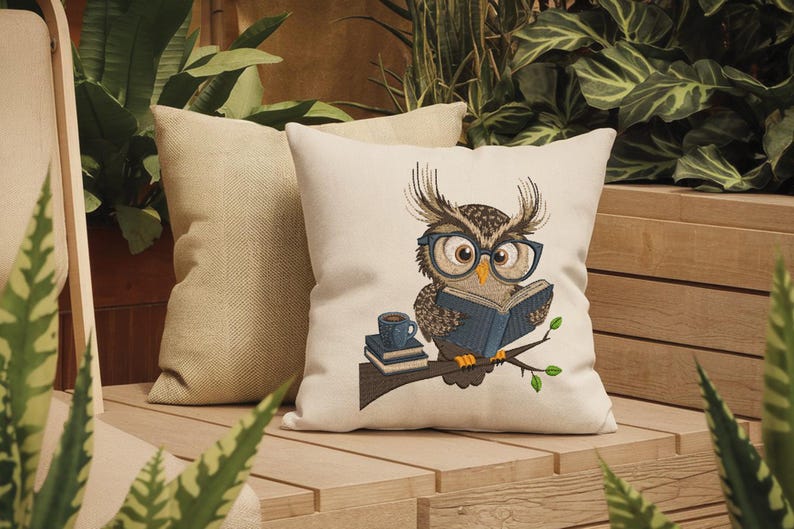 May include: A decorative pillow with an embroidered owl wearing glasses and reading a book. The owl is perched on a branch with a small stack of books and a coffee cup. A second pillow is behind it.
