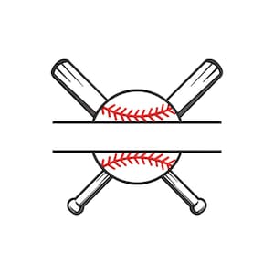 Op de afbeelding: Een honkbalontwerp met een honkbal met rode stiksels, in tweeën gedeeld door een horizontale lijn en gekruist door twee honkbalknuppels. De knuppels en de honkbalomtrek zijn zwart, tegen een witte achtergrond.