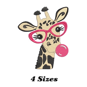 May include: An embroidered giraffe head wearing pink glasses and blowing a pink bubble. The giraffe has a tan face and black spots. The text "4 Sizes" is below the giraffe.