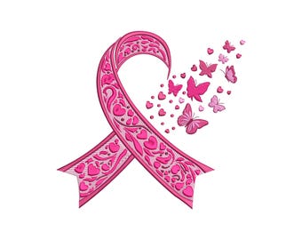 Pink Ribbon Butterfly Embroidery Design, Breast Cancer Awareness Machine Embroidery File, Cancer Support Ribbon Digital Download