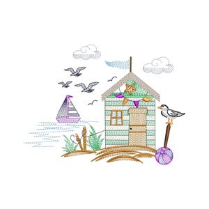 May include: An embroidered design featuring a beach scene with a small house, sailboat, and seagulls. The house is striped in green and white, with a wooden door and a flag on top. A seagull perches on a post, and a sailboat floats on the water.