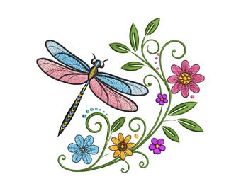 Dragonfly Flowers Embroidery Design, Floral Dragonfly Machine Embroidery Design, 4 Sizes, Instant Download File