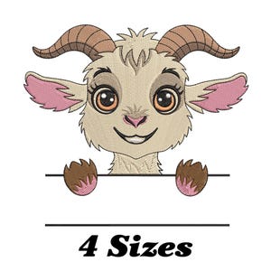 May include: An embroidered design of a cartoon goat with large eyes, brown horns, and pink ears. The goat is holding a horizontal line, and the text "4 Sizes" is below the line in a bold, black font. The goat is smiling.