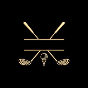 May include: Gold-colored golf clubs and a golf ball on a tee are crossed in a symmetrical design. The clubs are positioned against a black background. The design includes a space for personalization.
