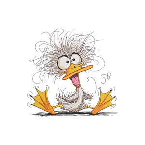 Puede incluir: Ilustración de dibujos animados de un pato sorprendido, con ojos grandes y pico abierto. El pato tiene plumas desordenadas de color claro, pico y patas palmeadas naranjas. El pato está sentado con las patas extendidas.