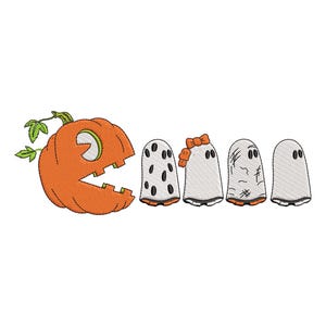 May include: An embroidery design featuring an orange pumpkin with a green stem and leaves, shaped like a video game character with an open mouth, chasing four white ghost figures with black details, including one with an orange bow.