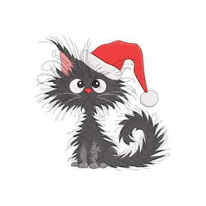 May include: A cartoon image of a black cat wearing a red and white Santa hat. The cat has big eyes, a red nose, and a fluffy tail. The cat is sitting down with a slightly messy fur appearance.