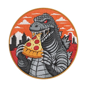 May include: A circular embroidered patch featuring a grey monster with red eyes eating a slice of pepperoni pizza. The background depicts a black city skyline against an orange sky with white clouds, all enclosed within a thin orange border.