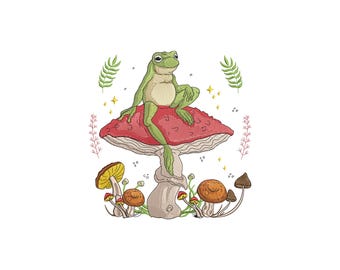 Mushrooms and Frog Cottagecore Embroidery Design, Frog on Mushroom Machine Embroidery Design, 4 Sizes, Instant Download File