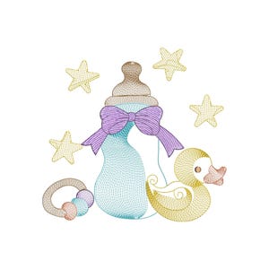 May include: An embroidered design featuring a baby bottle with a purple bow, a yellow rubber duck, a rattle, and several stars. The design is in soft pastel colors, perfect for baby-themed items.