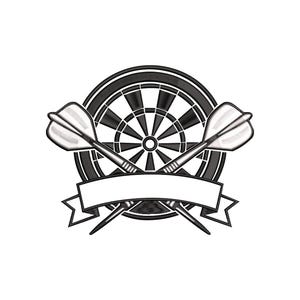 Op de afbeelding: Een zwart-wit dartbordlogo met twee gekruiste darts en een banner. De darts hebben zilveren punten en witte flights. Het dartbord is cirkelvormig met zwarte en witte segmenten. De banner is wit.