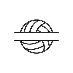 Puede incluir: Un dibujo lineal en blanco y negro de un voleibol con un espacio horizontal para texto. El diseño del voleibol presenta líneas curvas para representar los paneles de la pelota, con un espacio en blanco para la personalización.