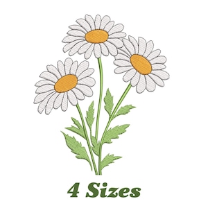 May include: An embroidered design of three daisies with white petals and yellow centers, green stems and leaves. The text "4 Sizes" is in green script below the flowers.