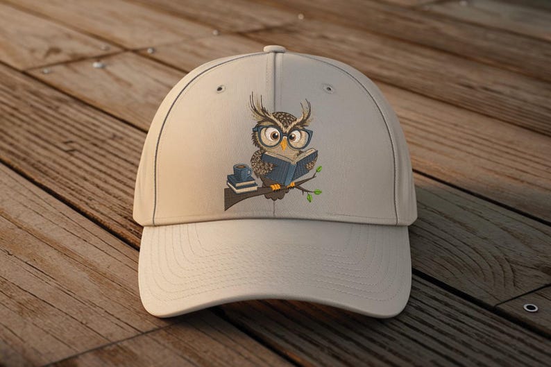 May include: A light beige baseball cap featuring an embroidered owl wearing glasses and reading a book. The owl is perched on a branch with a small stack of books and a coffee cup. The cap is on a wooden surface.