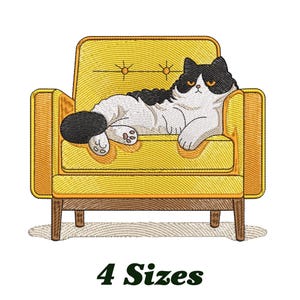 May include: An embroidered design of a black and white cat lounging on a yellow armchair. The cat has a grumpy expression. The armchair has a mid-century modern design with wooden legs. The text "4 Sizes" is below the image.