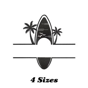 May include: Black and white embroidery design featuring a surfboard with palm trees and birds. The design includes a space for personalization and the text "4 Sizes" at the bottom, indicating available sizes.