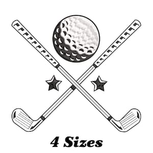 May include: Black and white illustration of two crossed golf clubs with a golf ball in the center. Two stars are on either side of the ball. The text "4 Sizes" is below the image.