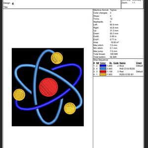 K&ouml;nnte beinhalten: Gesticktes Atom-Design mit roter Mitte, blauen Bahnen und drei gelben Kreisen. Das Design, mit der Nummer 4, befindet sich auf schwarzem Hintergrund.