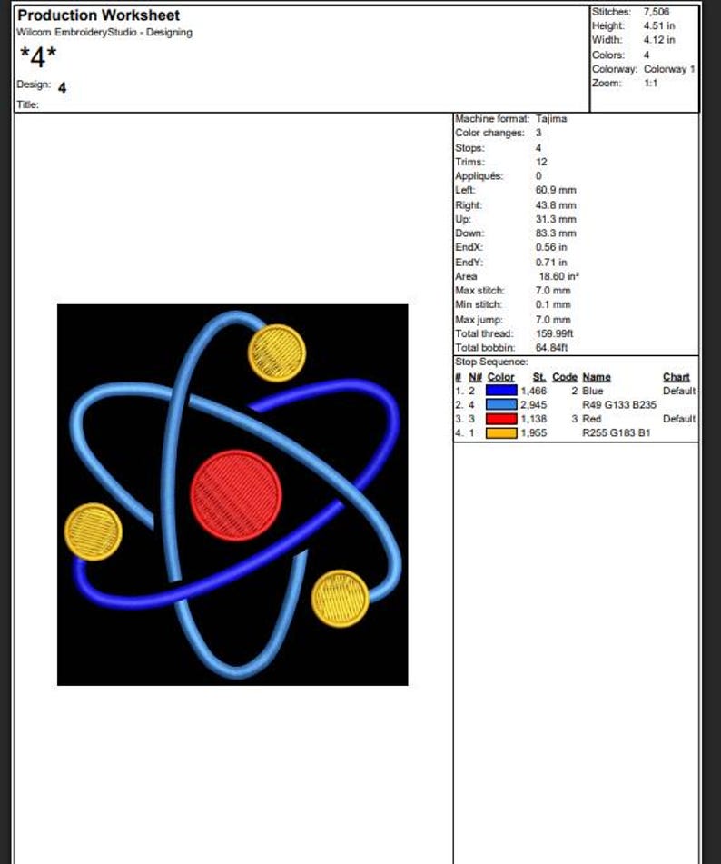 K&ouml;nnte beinhalten: Gesticktes Atom-Design mit roter Mitte, blauen Bahnen und drei gelben Kreisen. Das Design, mit der Nummer 4, befindet sich auf schwarzem Hintergrund.