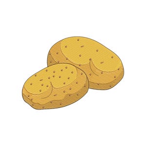 May include: Two cartoon-style potatoes. The potatoes are light brown with darker brown spots and a textured appearance. The potatoes are on a white background.