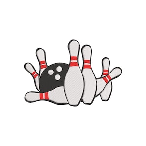 Puede incluir: Diseño de bordado de bolos. Una bola de bolos negra con agujeros blancos para los dedos está rodeada de bolos blancos con rayas rojas. Los bolos están dispuestos alrededor de la bola, lo que sugiere movimiento. Ideal para artículos deportivos.