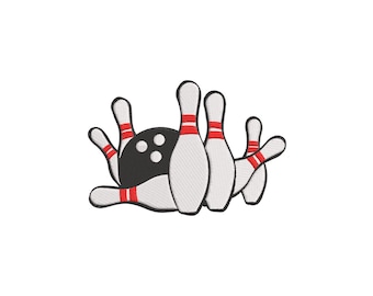 May include: Embroidered bowling design featuring a black bowling ball with white finger holes and white bowling pins with red stripes. The pins are arranged around the ball, suggesting motion. This design is suitable for sports-themed apparel and accessories.