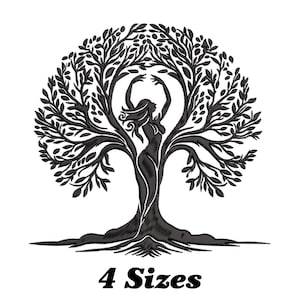 May include: Black and white embroidery design of a woman standing inside a tree. The design includes a woman with her arms raised and a tree with branches and roots. The text "4 Sizes" is below the design.