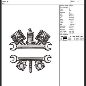 May include: Black and white embroidery design featuring automotive tools and parts. The design includes two wrenches, pistons, and a spark plug. The text "4" is in the upper left corner. The design is 4.34 inches wide and 4.51 inches high.