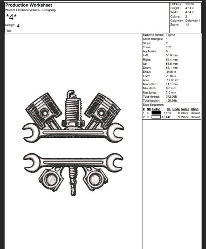 May include: Black and white embroidery design featuring automotive tools and parts. The design includes two wrenches, pistons, and a spark plug. The text "4" is in the upper left corner. The design is 4.34 inches wide and 4.51 inches high.