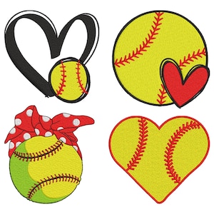 Könnte beinhalten: Vier Softball-Designs auf weißem Hintergrund. Enthält ein schwarzes Herz mit einem Softball, einen Softball mit einem roten Herzen, einen Softball mit einer roten Polka-Dot-Schleife und einen Softball in Herzform.